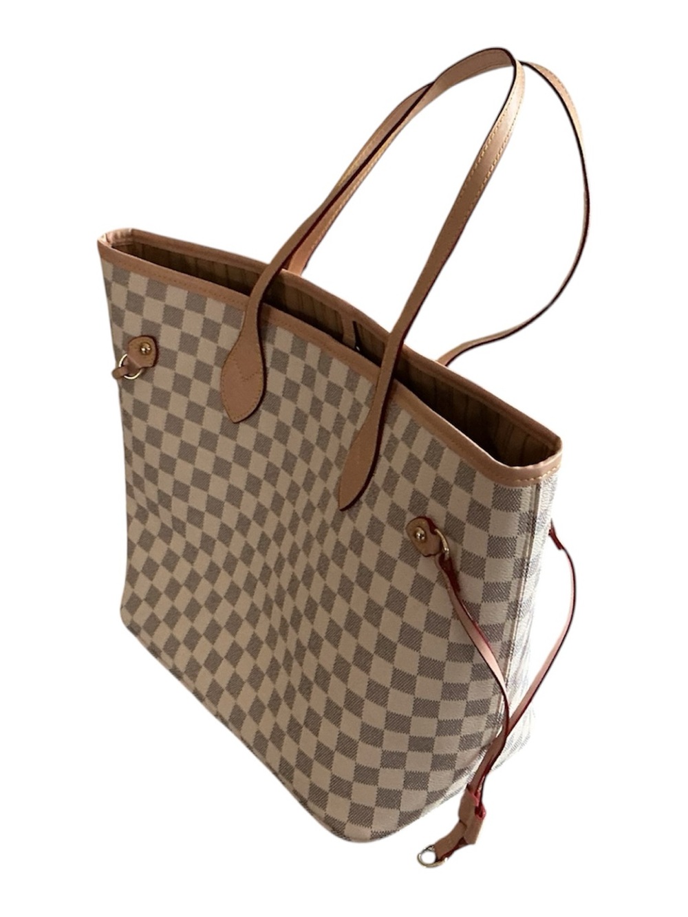 Designer-Inspired NWOT Cream Checkered Large Tote Bag with Tan Trim - Picture 2 of 6